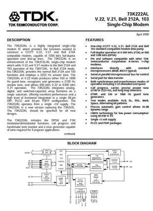 73K222AL-IH TDK V.22, V.21, Bell 212A, 103 Single-Chip Modem