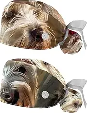 [YTYVAGT] 2-Pc,Nurse Scrub Caps,Scrub Hats with Buttons and Cotton Sweatband,Dog Painting Art Style