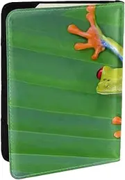 [EdWal] Animal Frog Green Leaf Leaves Print Passport Cover with Credit Card Holder Leather Passport Case, for Women Men Family ID Travel, Black, One Size