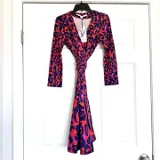 NWT DVF Amelia Silk Combo Flared Wrap Dress In Vintage Leopard size 0