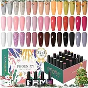 Phoenixy Gel Nail Polish Set - 24 Pcs 8ml Gel Nail Polish Kit Nude Gray Pink Red Glitter Soak Off Gel Nail Polish with Glossy Matte Base Top Coat Gifts for Women