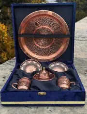 Handmade Turkish Copper Coffee Set, Espresso Cups with Tray Serving Set of 2