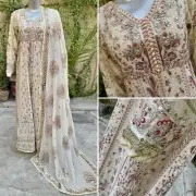Pakistani Off White Long Maxi Style Embroidered Sequins Chiffon Dress,XL