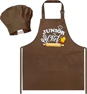 R HORSE Kid Apron and Chef Hat Set 2Pcs Adjustable Children Brown Chef Kitchen Apron, Dress up Role Play Chef Toy Cooking Baking Painting and Training Kits Kid Funny Cooking Birthday Gift for Kids
