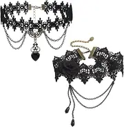 [XBFOCNH] 2pcs Choker Black Lace Gothic Steampunk Necklace Choker Collar with Crystals Vampire Chain Women and Girls Vampire Accessory Cosplay Jewellery Party Vintage Costumes Women