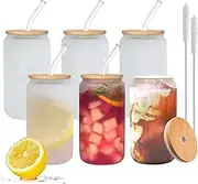6 Pack Drinking Glasses with Bamboo Lid, 16OZ Frosted Beer Can Sublimation Glass Blanks, Borosilicate Glasses Tumbler Mason Jar Cups Mug with Reuse Straw for Iced Coffee, Juice, Soda, Drinks