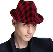 [CaySep] Classic Timelessly Short Brim Fedora Hat for Men Black Red Plaid Manhattan Fedora Cap Structured Trilby Fedora Hat