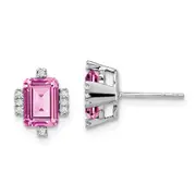 14k White Gold Emerald-shape Creat. Pink Sapphire/Real Diamond Earrings