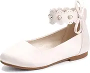 [PANDANINJIA] Girls Dress Shoes Flower Girl Flats Pearls Ballet Bow Mary Jane Ankle Strap Wedding Party Shoes for Toddler Little Big Kid