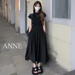 ANNE｜半高領拼接短袖連身裙 連身洋裝黑【AD102155】洋裝 短袖連衣裙 短袖洋裝 黑色長裙 黑色連身裙 連身裙