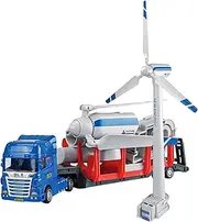 Truck and Trailer Toys for Boys, 2 in 1 Steering Flatbed Trailer & Wind Turbine Model with Rotatable Fan Blades, Assemblable Wind Turbine Generator Kit, Push and Go Inertial Toy