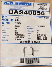 OAS40056 A.O. SMITH 1/3 HP, 1 Ph, 60 Hz, 230 V, 1075 RPM, 1 Speed, 48 Frame