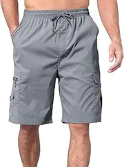 [JEShifangjiusu] Mens Classic Drawstring Shorts with Pockets Elastic Waist Cargo Straight Pants Wide Leg Short Pants, Light Gray, 3XL