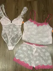 NWT Colsie 3pc Pink Mesh Bodysuit Cami & Short Set Size XS