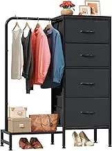 HIGDBFE Dresser with Hanging Rack, 4 Drawers Small Dresser for Bedroom, Reversable Fabric Kids Dresser for Closet with Clothes Rack, Tall Chest of Drawers, Sturdy Frame, Black, 44''H