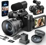 Monitech 5K Digital Compact Camera for Photography and Video,48MP Vlogging Camera for YouTube with 180° Flip Screen,16X Digital Zoom,52mm Wide Angle & Macro Lens, 2 Batteries, 32GB TF Card