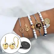 Boxed Bohemian Multi Layered Charm Bead Bracelet and Stud Gold Plated Earrings Set - White