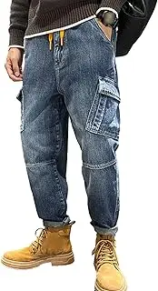[Generic] Men's Trendy Denim Pants with Drawstring Male Loose Jeans with Multi-Pocket Cargo Casual Denim Pants Drawstring