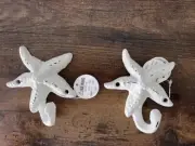 Distressed White Coastal Rustic Cast Iron Nautical Starfish Single Hooks Hangers