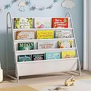 Tatub Kids Bookshelf with 4 Tier Deep Sleeves, Children Montessori Bookshelf Sling Storage Book Rock, Toddler Front Facing Display Bookshelf for Playroom Nursery Bedroom Classroom