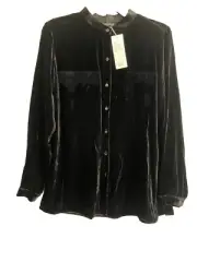 Eileen Fisher Black Silk Velvet Mandarin Collar Long Shirt Tunic Sz 2XS NWT $288