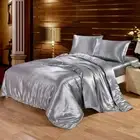 Bed Fitted Sheet Set Pillowcase Satin Silk Soft Bedding White Grey Queen King