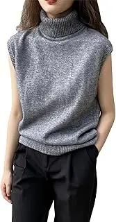 [Qolkmuiy-GJ] Women's Turtleneck Sleevelesss Sweater Vest Solid Color High Neck Knitted Waistcoat Cable Knit Pullover Gilets