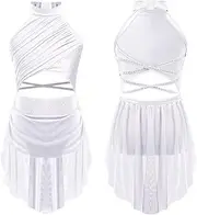 [Linjinx] Kids Girls Lyrical Dance Outfits Costumes Leotard Tulle Dress Overlay Modern Performance Dress