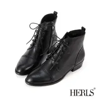 在飛比找momo購物網優惠-【HERLS】短靴-真皮橫飾雕花綁帶牛津靴短靴(黑色)