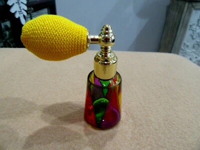 Miniature Murano Hand Blown Stained Glass Perfume Bottle w/Yellow Atomizer L7.25
