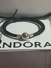 100% Authentic Double Wrap Black Braided Leather Pandora Bracelet 7.8 Inch