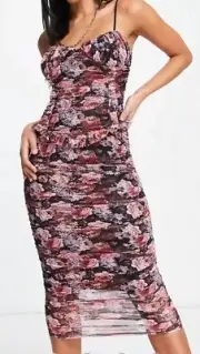 ASOS DESIGN Cami Ruched Mesh Midi Dress in Dark Floral Size 12 NWT FREE SHIPPING