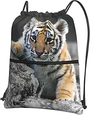EdWal Cute Tiger Cub Print Drawstring Backpack Gym Bags Sports Bags With Zipper Pocket For Travel Beach, Black, One Size