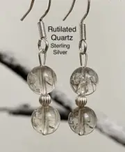 Rutilated Quartz Genuine Stone .925 Hand Stamped Sterling Silver Earrings