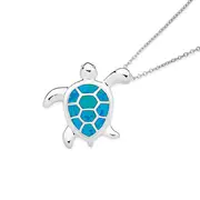 Sterling Silver Blue Simulated Opal Turtle Pendant in Blue