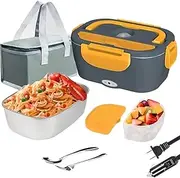 MTSDM 1.5L Electric Lunch Box, 2 in 1 Portable Lunch Warmer Food Heater, Food Heated Box with Stainless Steel Liner Fork & Spoon Carry Bag for Car/Truck/Office AU Socket 220V 12V 24V (Yellow)