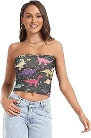 [RPLIFE] Cute Dinosaurs Space Summer Tops, Womens Strapless Top, Sheer Tube Tops, Trendy Crop Tops (S)