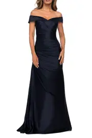 La Femme Off the Shoulder Satin Evening Dress with Pleating in Navy at Nordstrom, Size 20