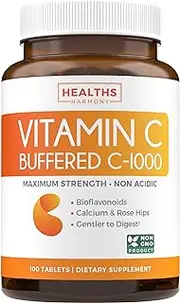 Buffered Vitamin C 1000mg Tablets (Non-GMO) with Rose Hips, Calcium & Citrus Bioflavonoids - Immune Support for Adults - Vitamin C Immune System Booster Supplement with Vitamin C - 100 Tablets