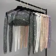 Women Long Sleeve Mesh Crop Top with Rhinestone Fishnet Shawl Shirt Cover Up