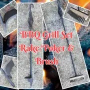 Deluxe BBQ Grill Implement Set-Briquet Rake/Poker & Grill Brush, Custom Length