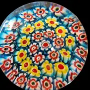 Vintage Millefiori Glass Paperweight With Floral Design Blue Red & Yellow Colors