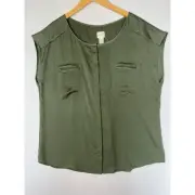 Chicos Front Pocket Top Womens Size 2 US Large Button Up Army Green NEW
