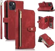 UEEBAI Case for iPhone 13 6.1 inch, 9 Card Slots Retro Leather Wallet Shockproof Flip Cover with Hand Strap Card Slots Zipper Pocket Kickstand Handbag Magnetic Closure - Retro Red Wine