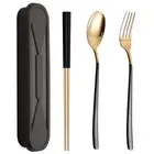 1 Set Metal Chopsticks Smooth Edge Dinning Metal Reusable Spoon Fork Chopsticks
