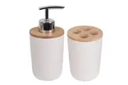Eco Basics Bathroom Bamboo Toothbrush Caddy Holder & Soap Pump Bottle Set White