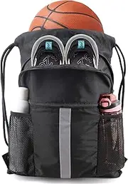 BeeGreen Drawstring Backpack Bag with Shoe Compartment X-Large Black Gym Sports String Cinch Backpack Athletic Sackpack with Front Inside Zipper Pockets and Mesh Water Bottle Holders for Women Men