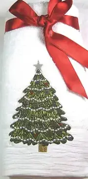 Decorative Holiday FingertipTowel Set Embellished w/ ChristmasTree White Cotton