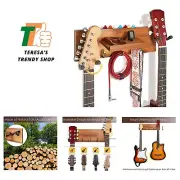 Guitar Wall Mount with Rotatable Hook, Wood Guitar Hanger with Shelf and Pick...
