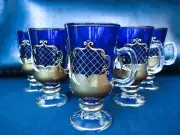Bohemia glass blue tea, coffee cups decorated gold and enamel, 6 pcs